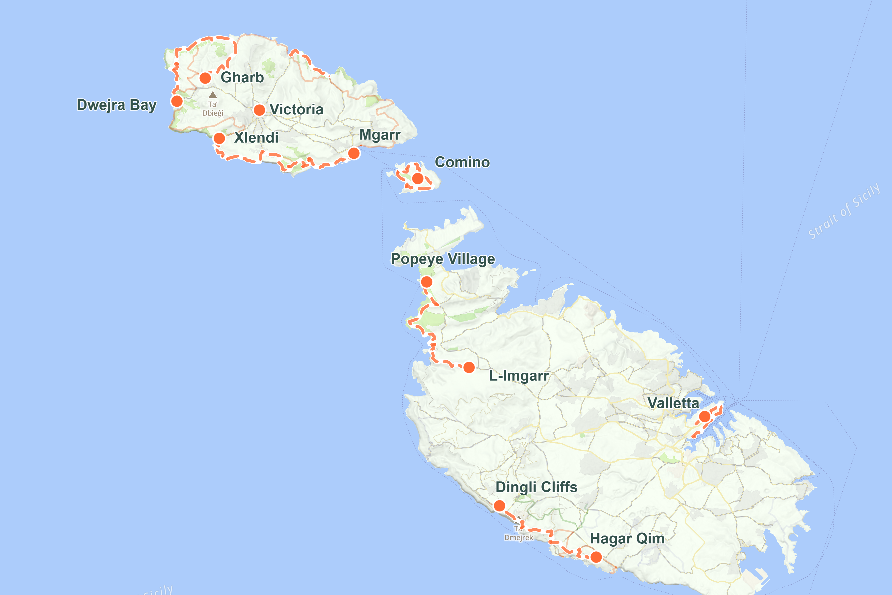 Map of Malta, Gozo and Comino showing a self-guided walking holiday route with key stops including Hagar Qim, Dingli Cliffs, L-Imgarr, Popeye Village, Mgarr, Victoria, Gharb, Dwerja Bay and Valletta.