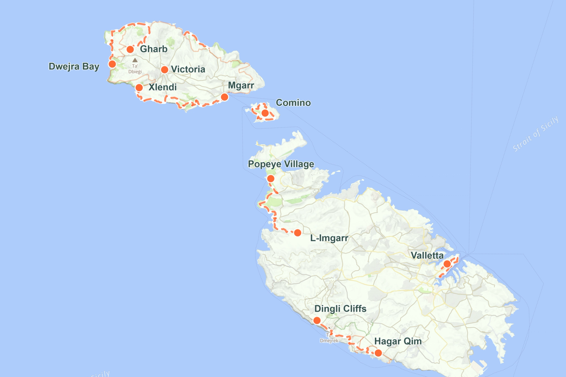 Map of Malta, Gozo and Comino showing a self-guided walking holiday route with key stops including Hagar Qim, Dingli Cliffs, L-Imgarr, Popeye Village, Mgarr, Victoria, Gharb, Dwerja Bay and Valletta.
