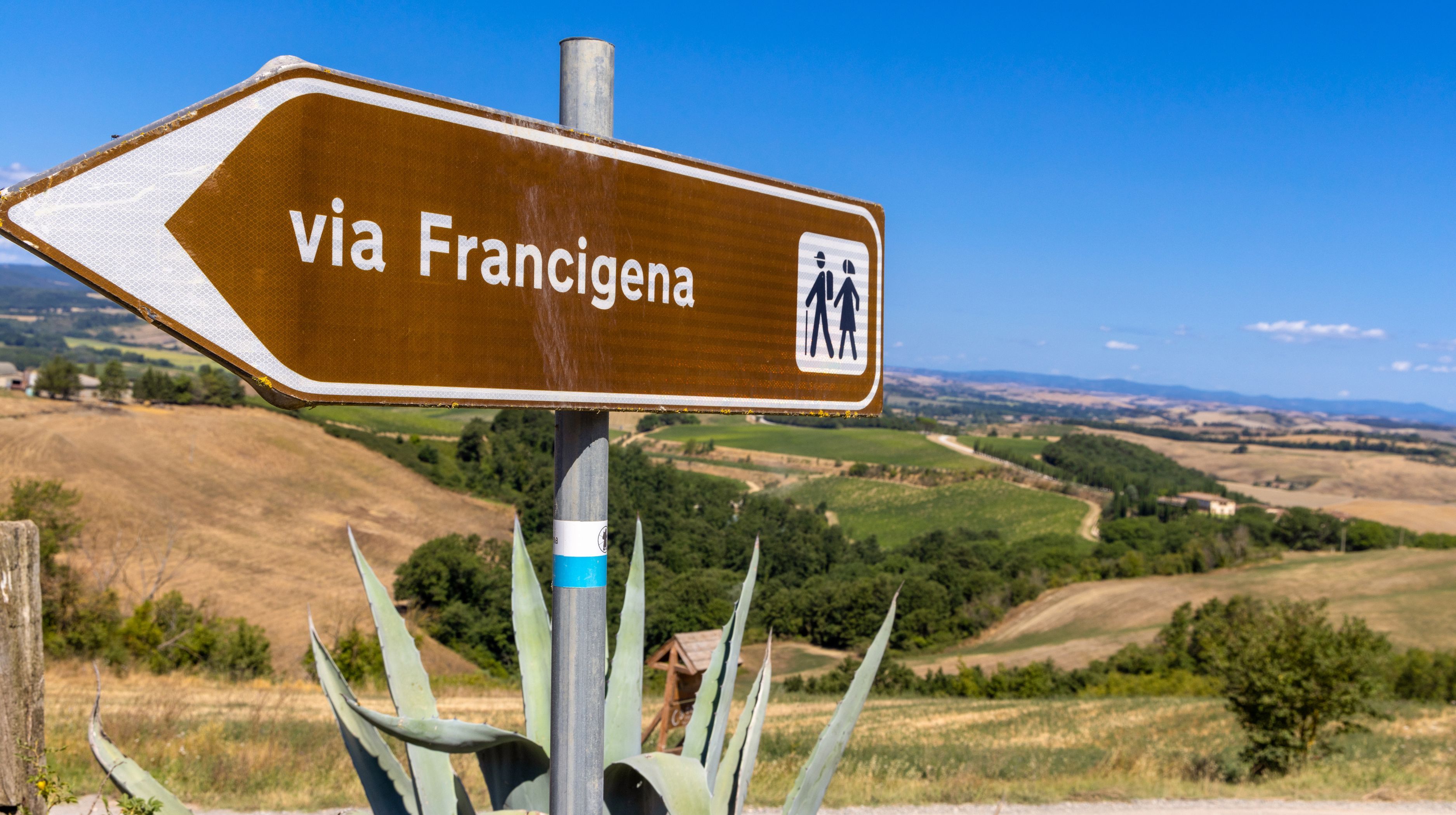 A brown directional sign points left indicating "via Francigena" with a symbol of two hikers. The background shows a rolling Tuscan landscape under a clear blue sky.