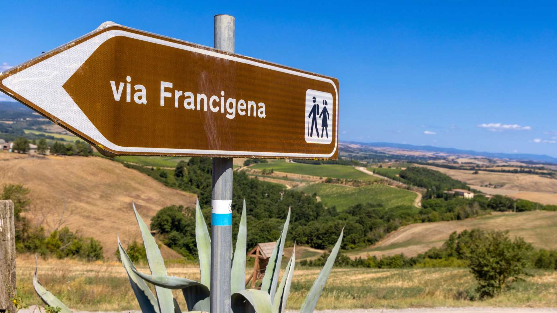 A brown directional sign points left indicating "via Francigena" with a symbol of two hikers. The background shows a rolling Tuscan landscape under a clear blue sky.
