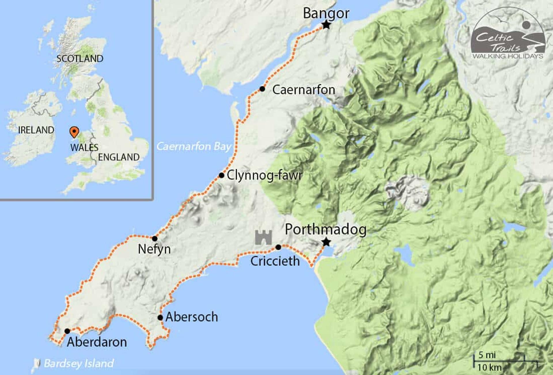 Map of our Llŷn Coastal Path Walking Holiday route