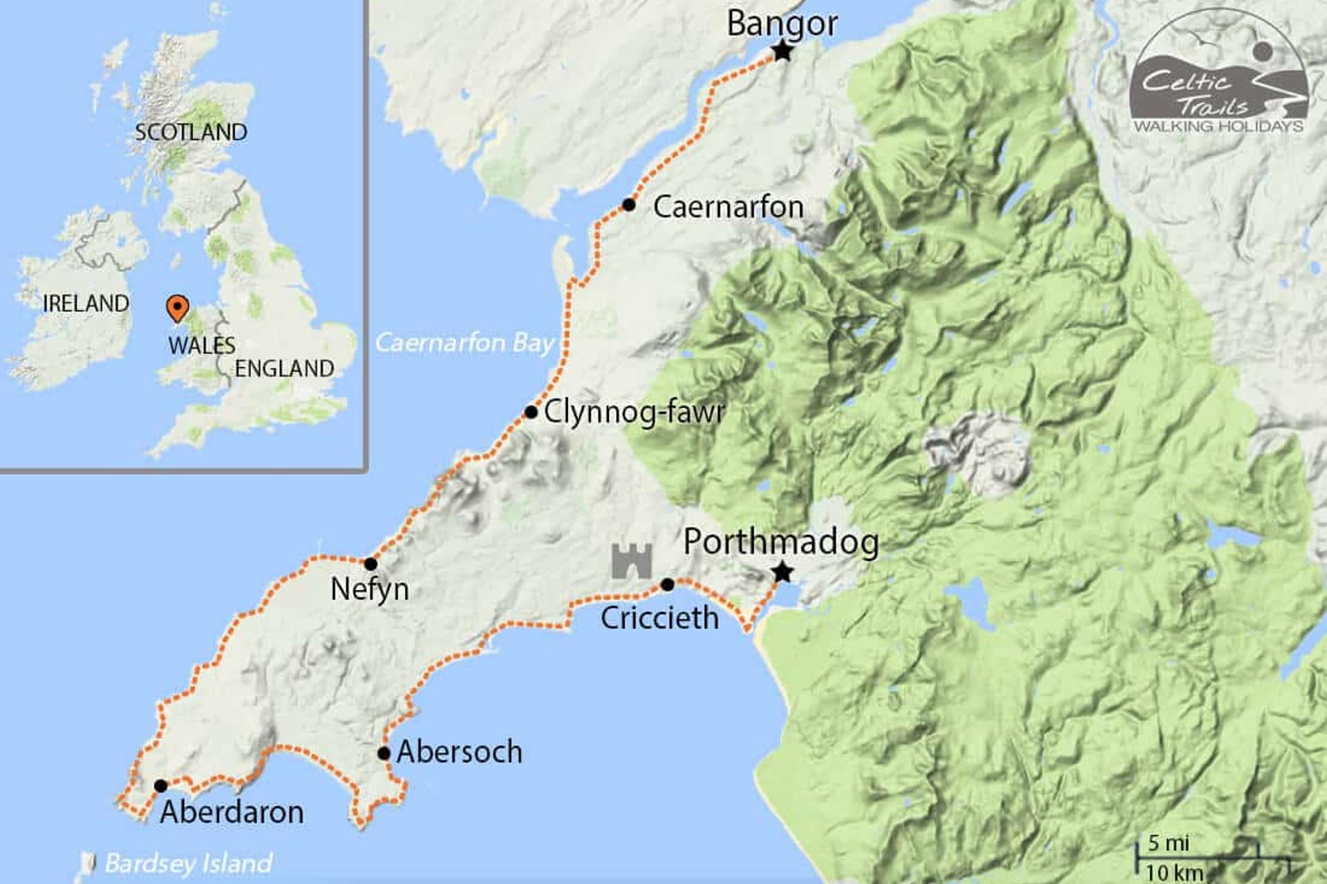 Map of our Llŷn Coastal Path Walking Holiday route