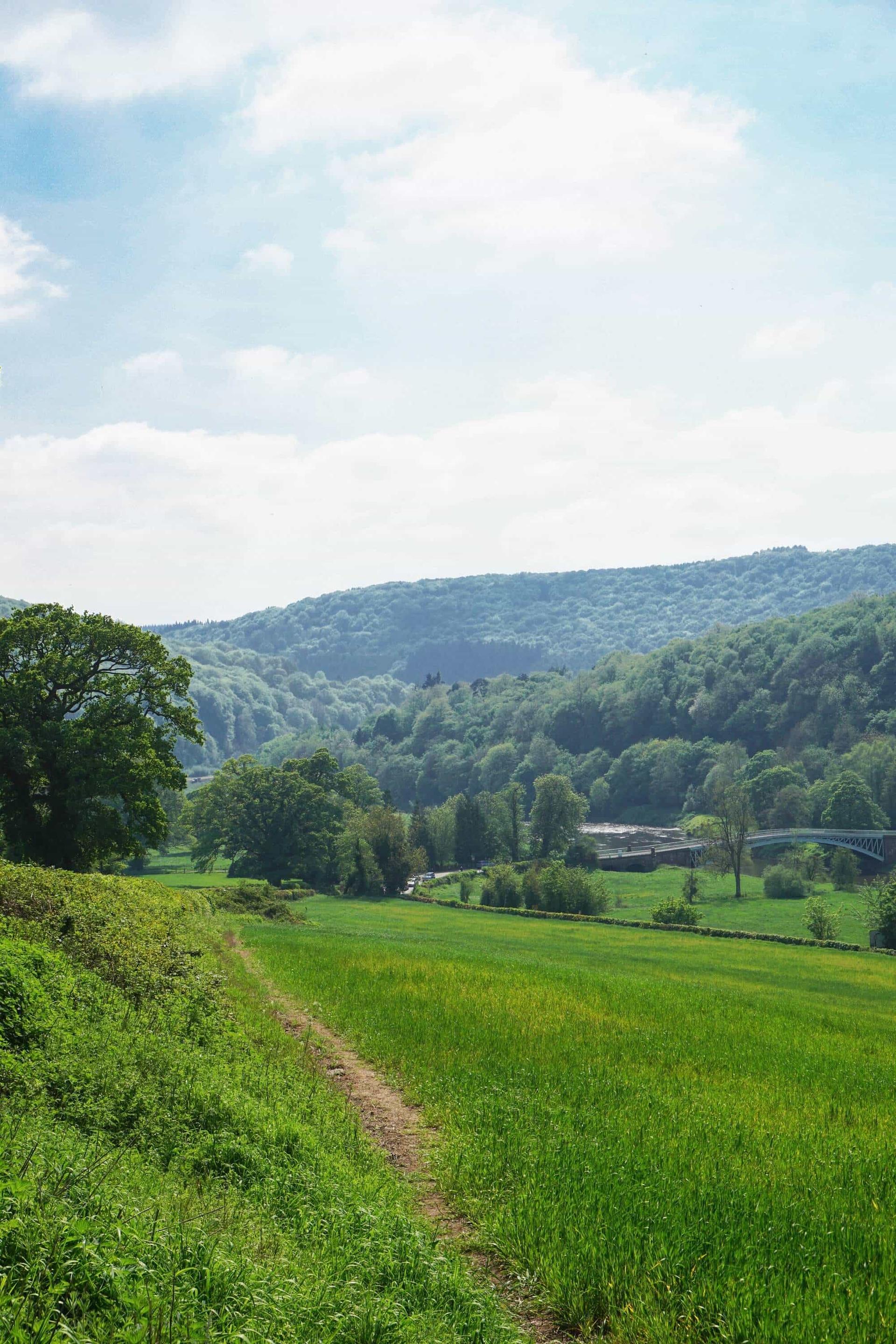 Riverside fields and wooded hills in the Wye Valley on the Offa’s Dyke Path walking holiday