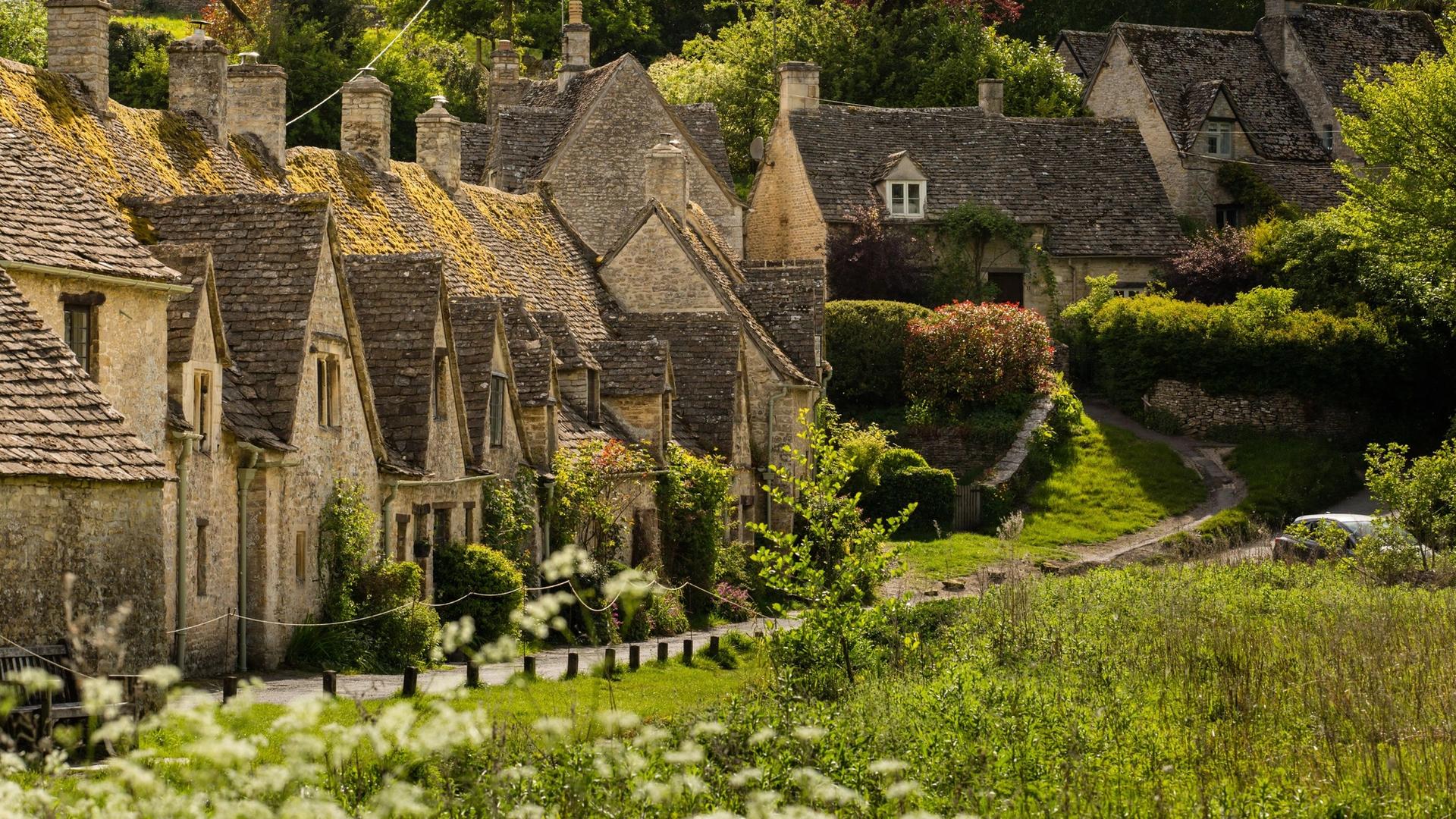A row of stone cottages with mossy roofs line a village street, surrounded by lush greenery and blooming white flowers.