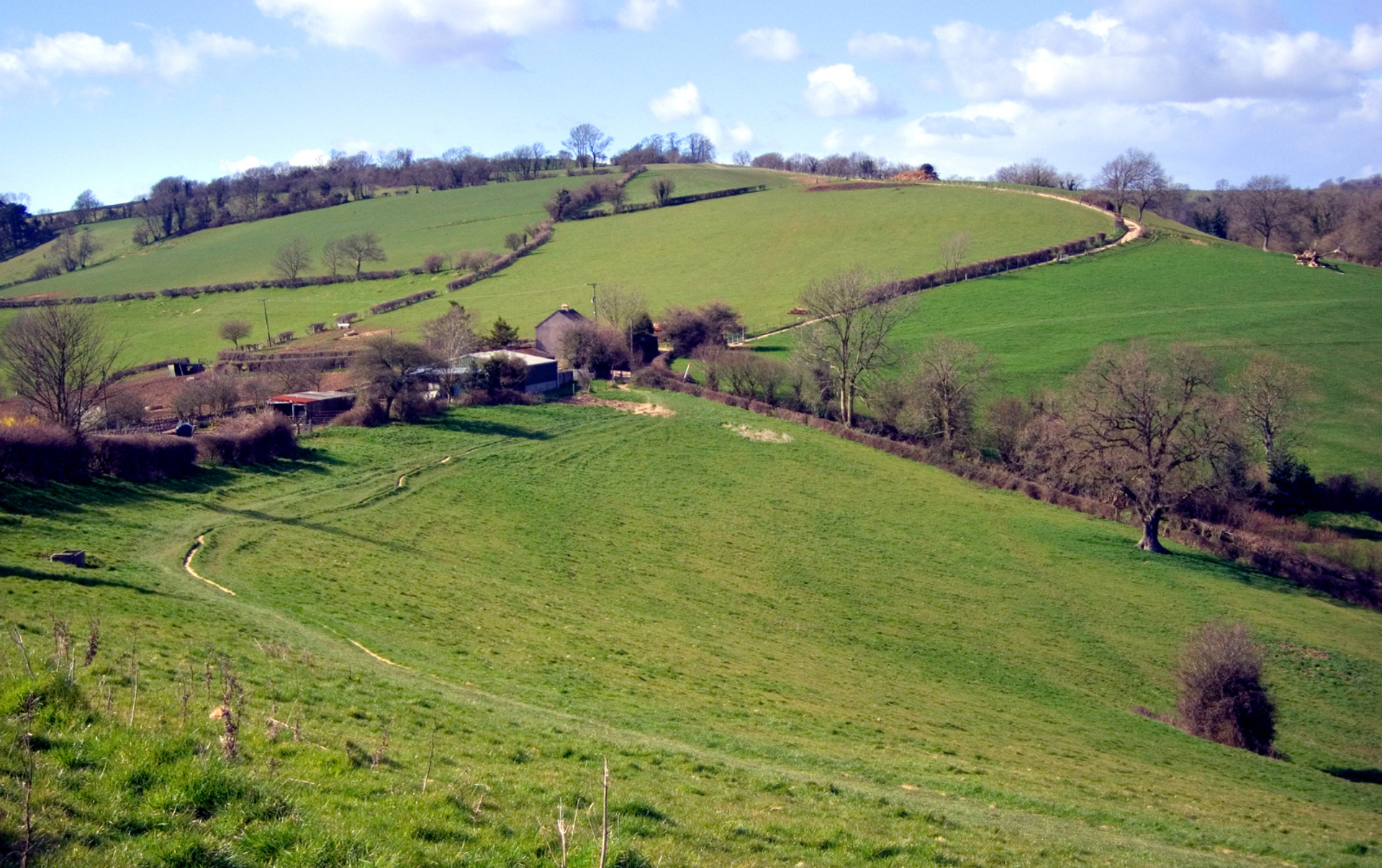 Rolling green hills and field paths along the Cotswold Way.