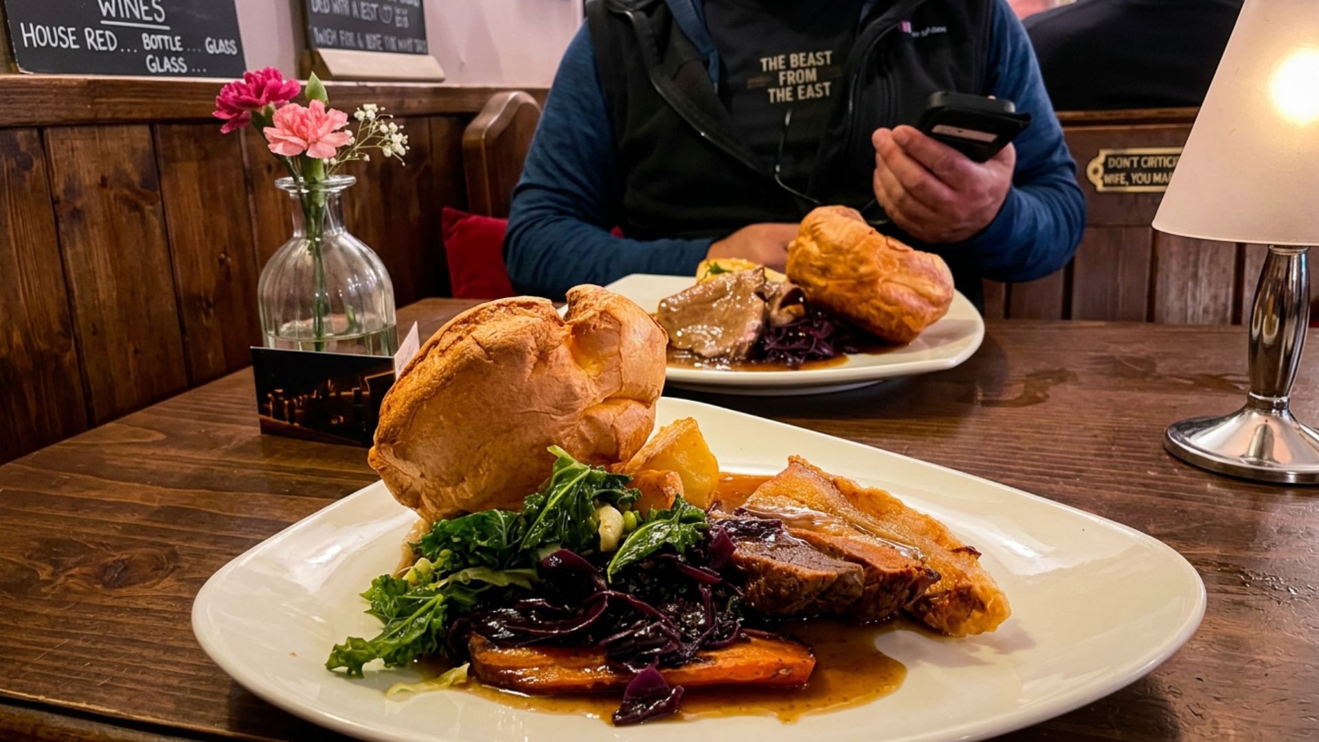 Pub meal after a day of walking, roast dinner of beef and yorkshire pudding