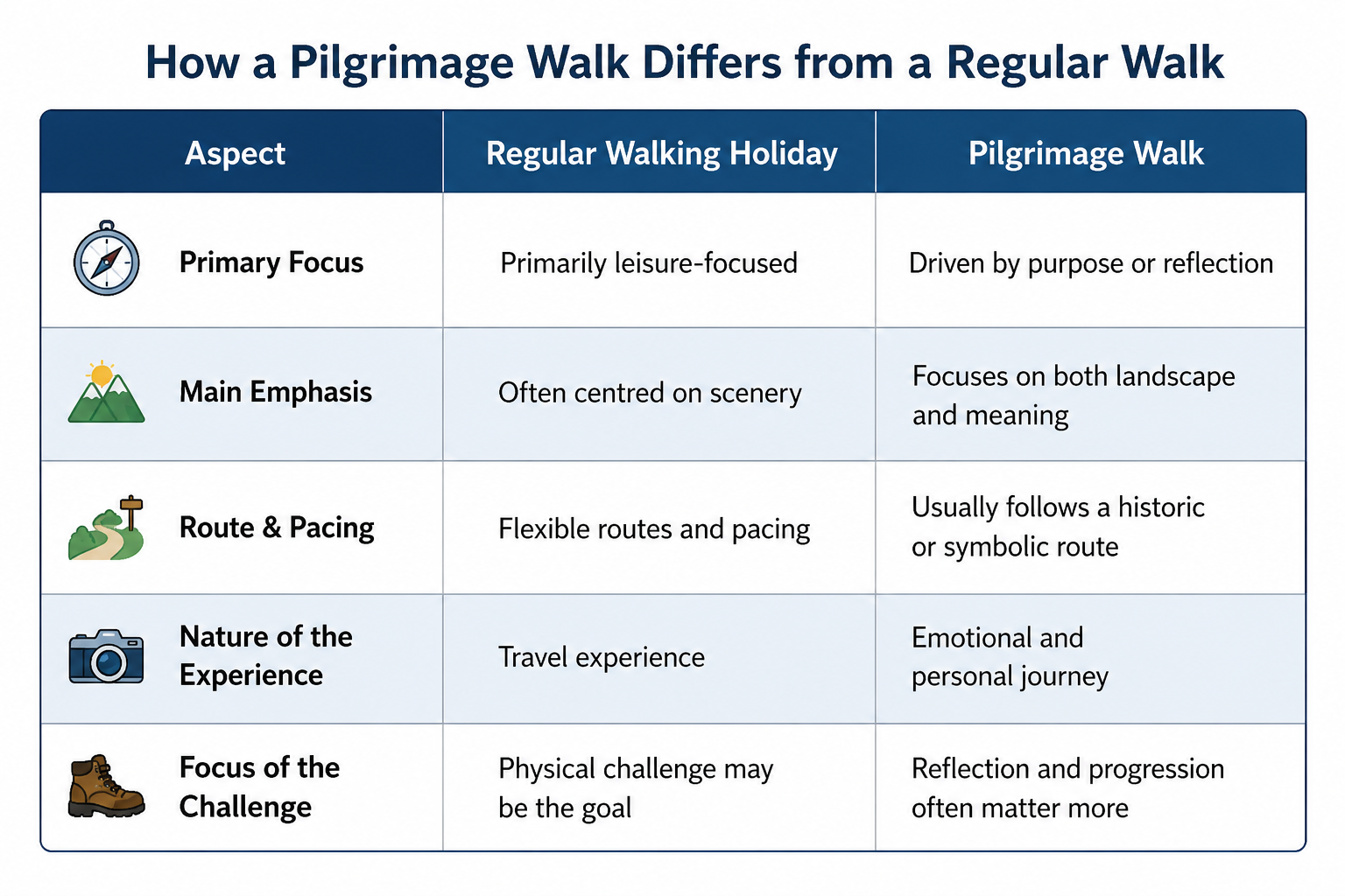 a Table showing differences between a regular walking holiday and a pilgrimage walk