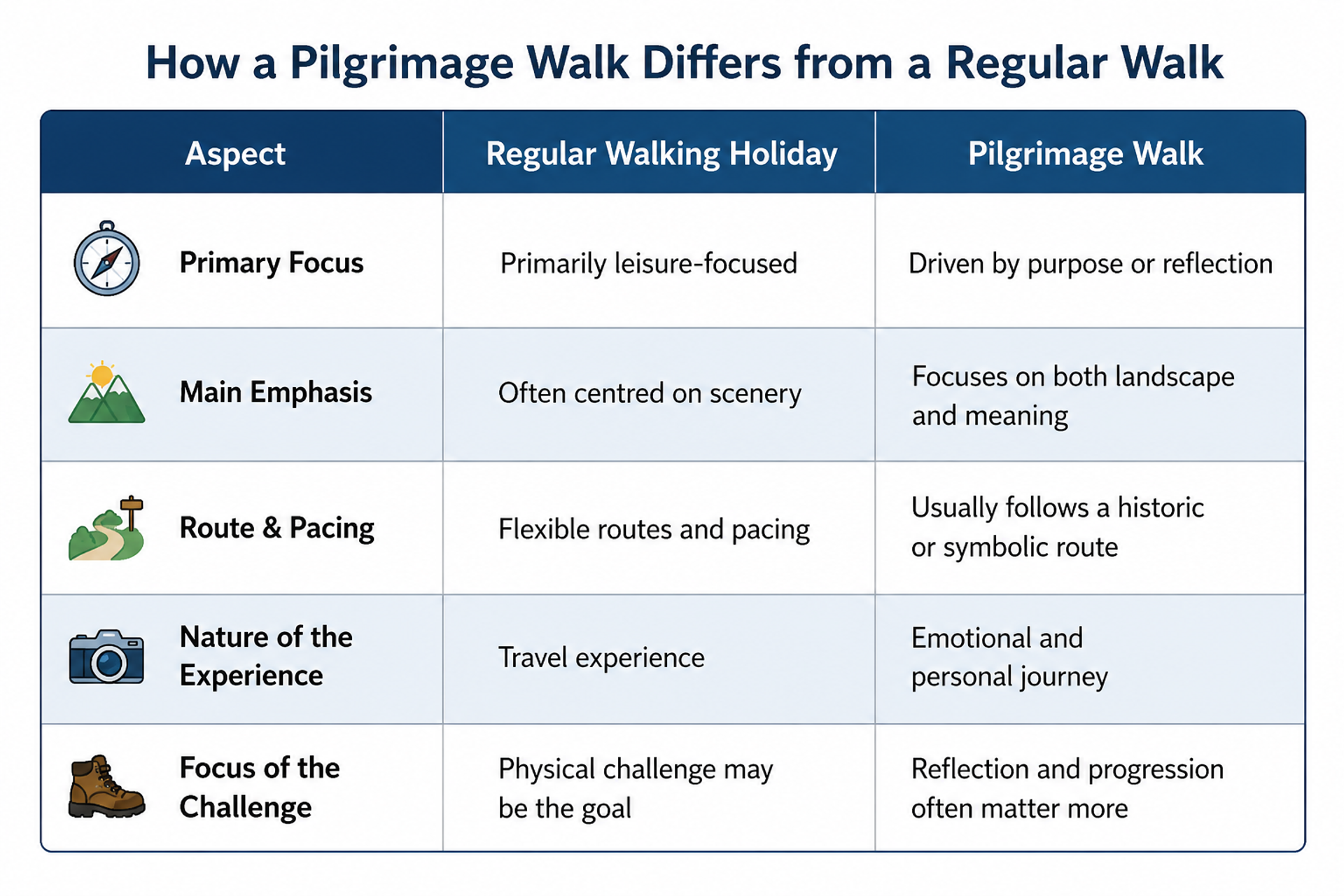 a Table showing differences between a regular walking holiday and a pilgrimage walk
