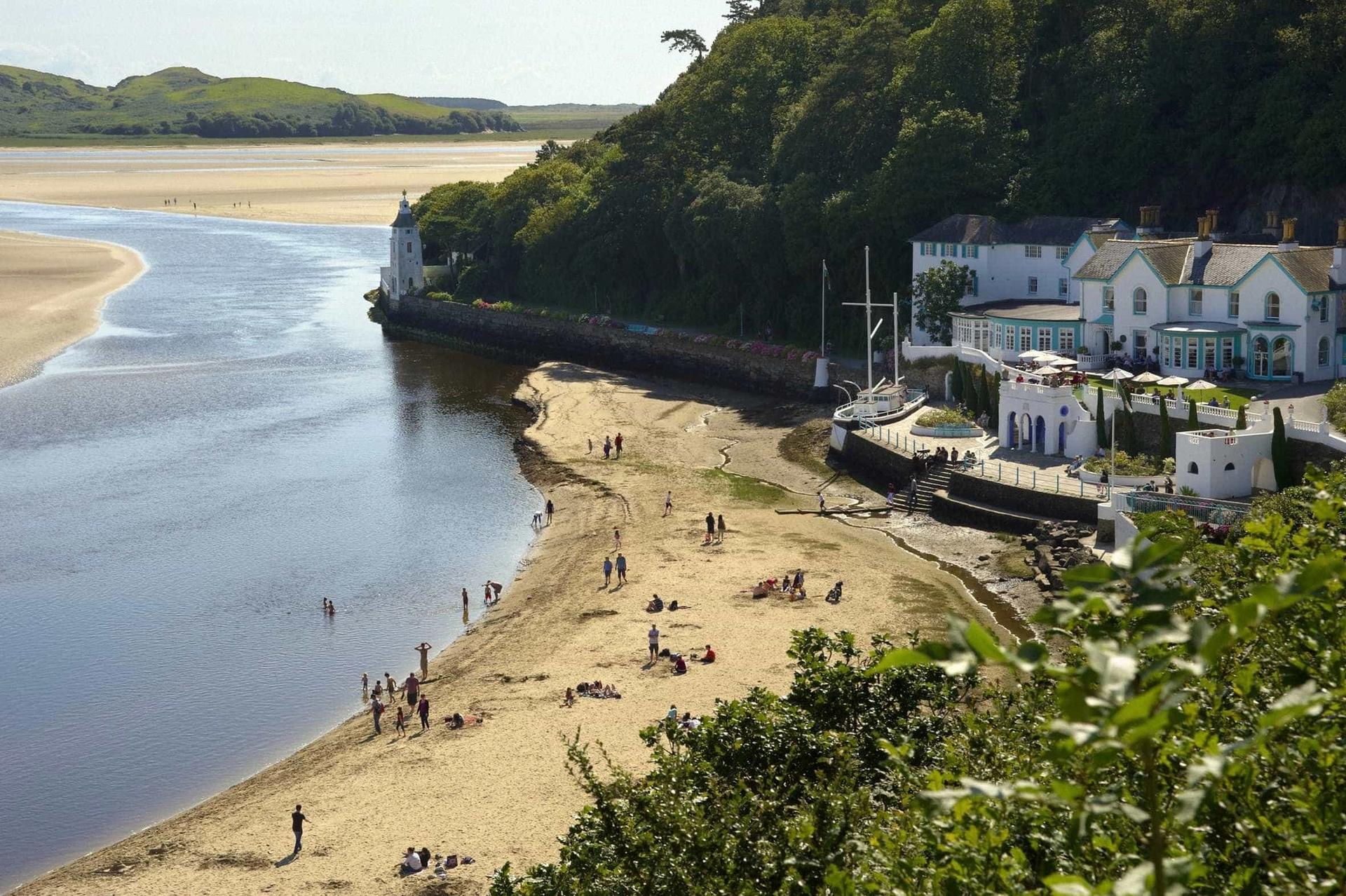 smal crowd of beachgoers at Portmeirion Beach on the Meirionnydd Coast