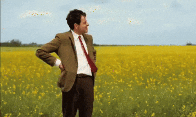 Mr.Bean waiting in a farm.