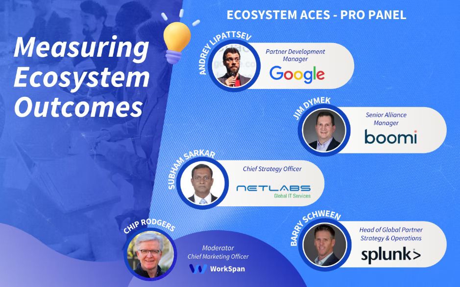 Ecosystem Aces Pro Panel on measuring ecosystem outcomes with Andrey Lipattsev of Google, Jim Dymek of Boomi, Subham Sarkar of Netlabs and Barry Schween of Splunk