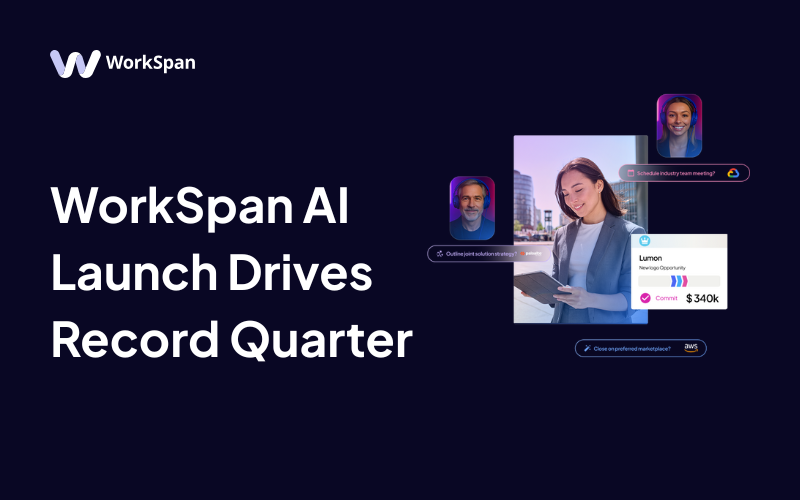 WorkSpan title card 'WorkSpan AI Launch Drives Record Quarter' with product screens showing an AI-assisted opportunity