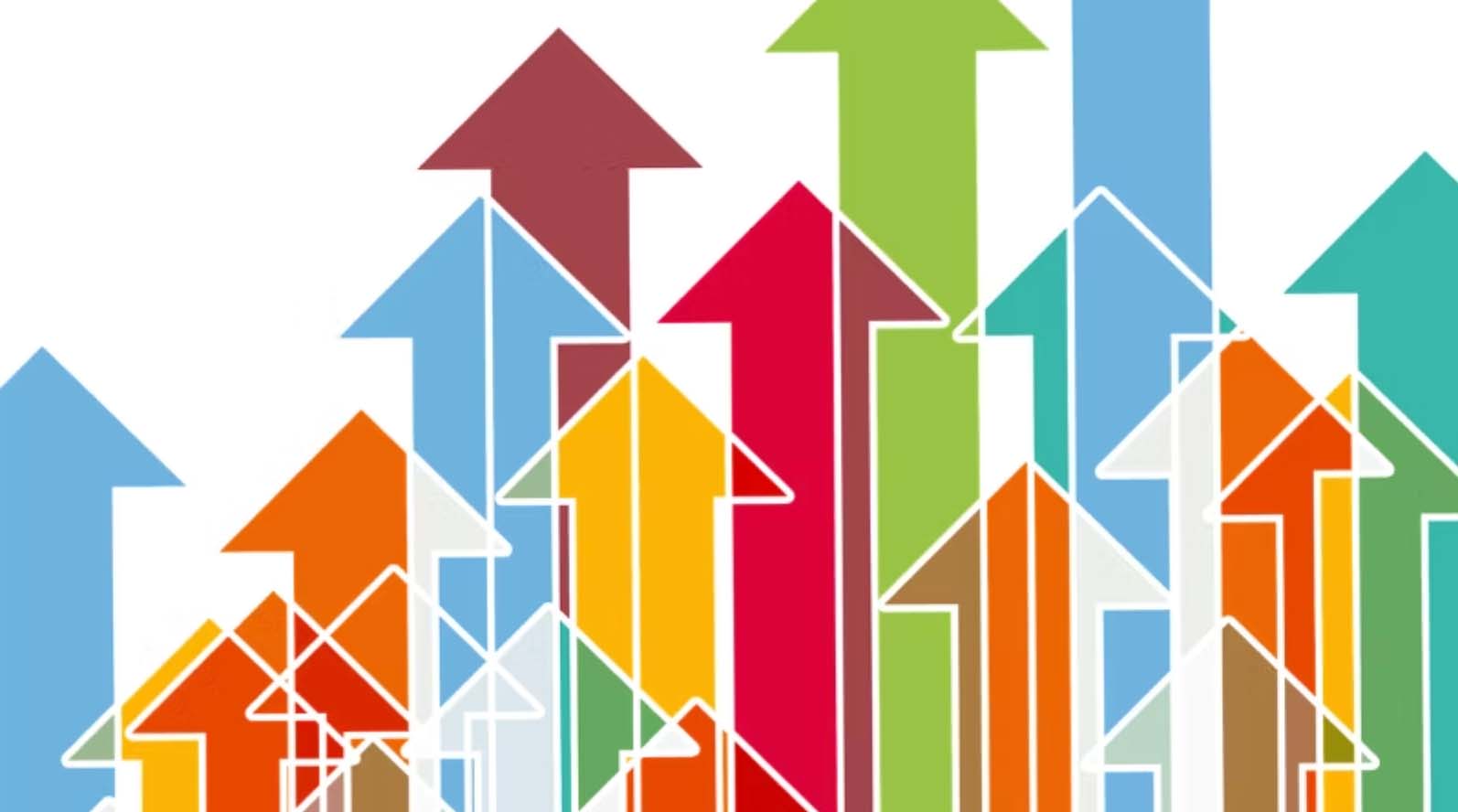 Cluster of colourful arrows all pointing upward