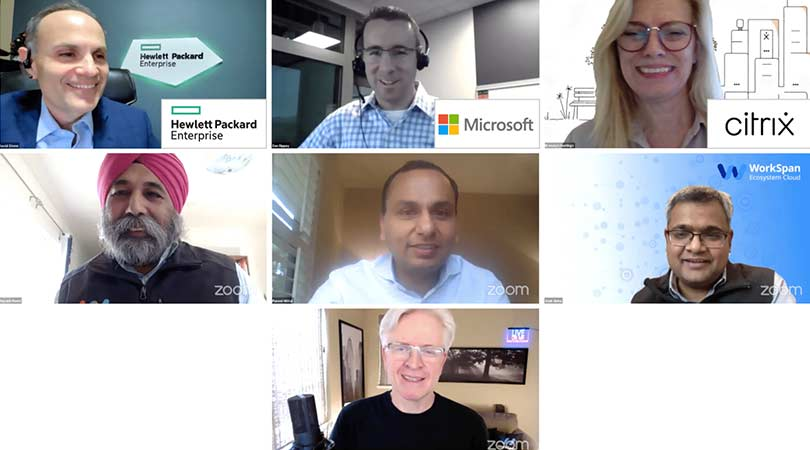 Video call grid of seven summit speakers, with Hewlett Packard Enterprise, Microsoft, Citrix and WorkSpan backgrounds