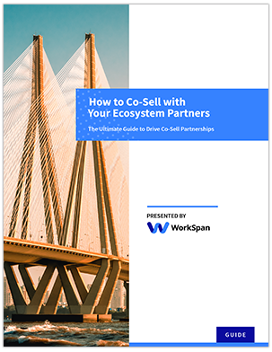 Cover of the WorkSpan guide 'How to Co-Sell with Your Ecosystem Partners', with a cable-stayed bridge photo