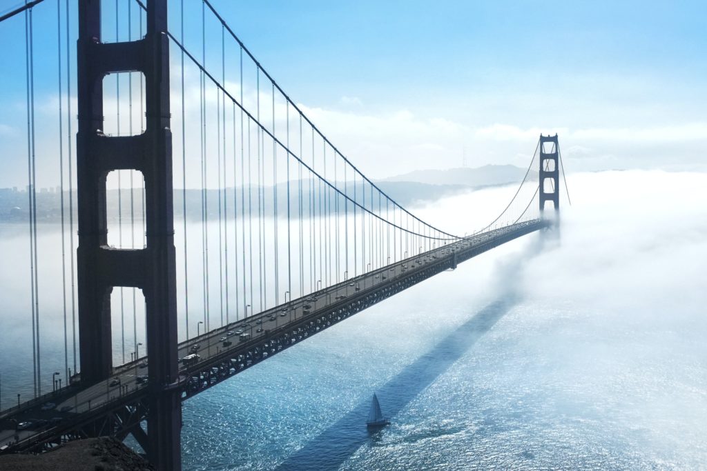 The Golden Gate Bridge disappearing into fog