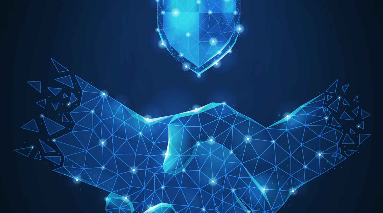 Low-poly illustration of a handshake beside a shield, on blue