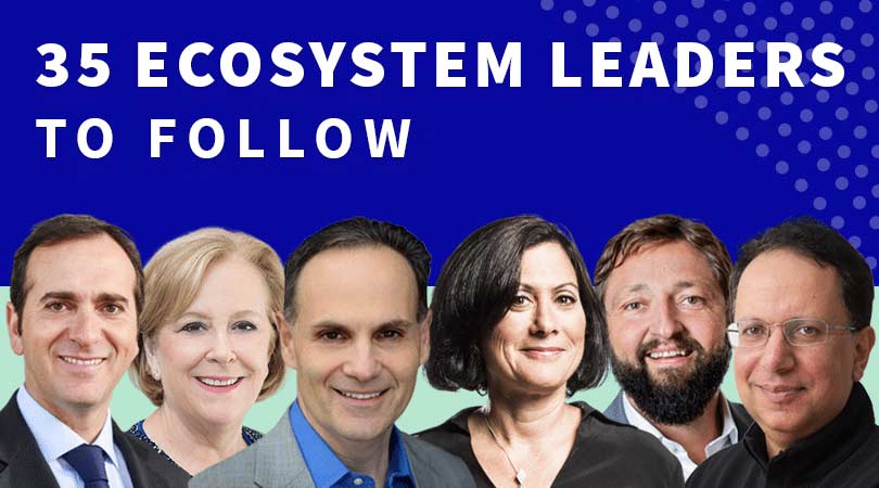 Title card '35 Ecosystem Leaders to Follow' with headshots of six of the leaders