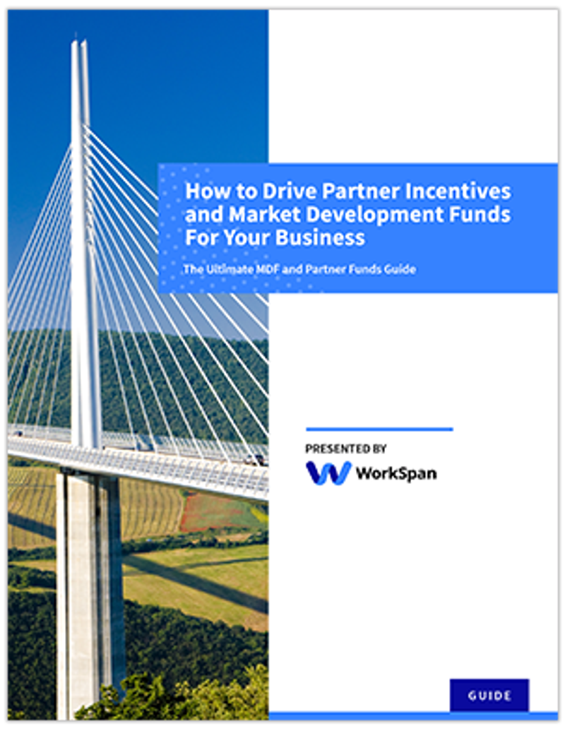 Cover of WorkSpan's ebook 'The Ultimate MDF and Partner Funds Guide', over a photo of a bridge