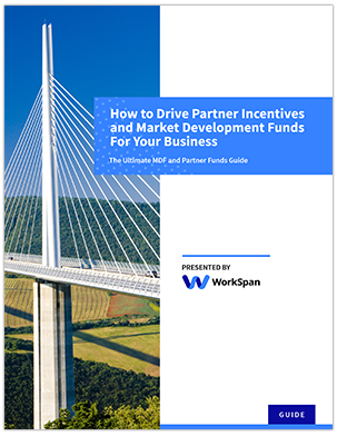Cover of WorkSpan's ebook 'The Ultimate MDF and Partner Funds Guide', over a photo of a bridge