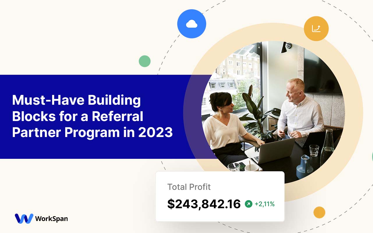 WorkSpan card: 'Must-Have Building Blocks for a Referral Partner Program in 2023', total profit $243,842
