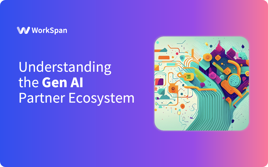 WorkSpan title card 'Understanding the Gen AI Partner Ecosystem' with an abstract circuit landscape illustration
