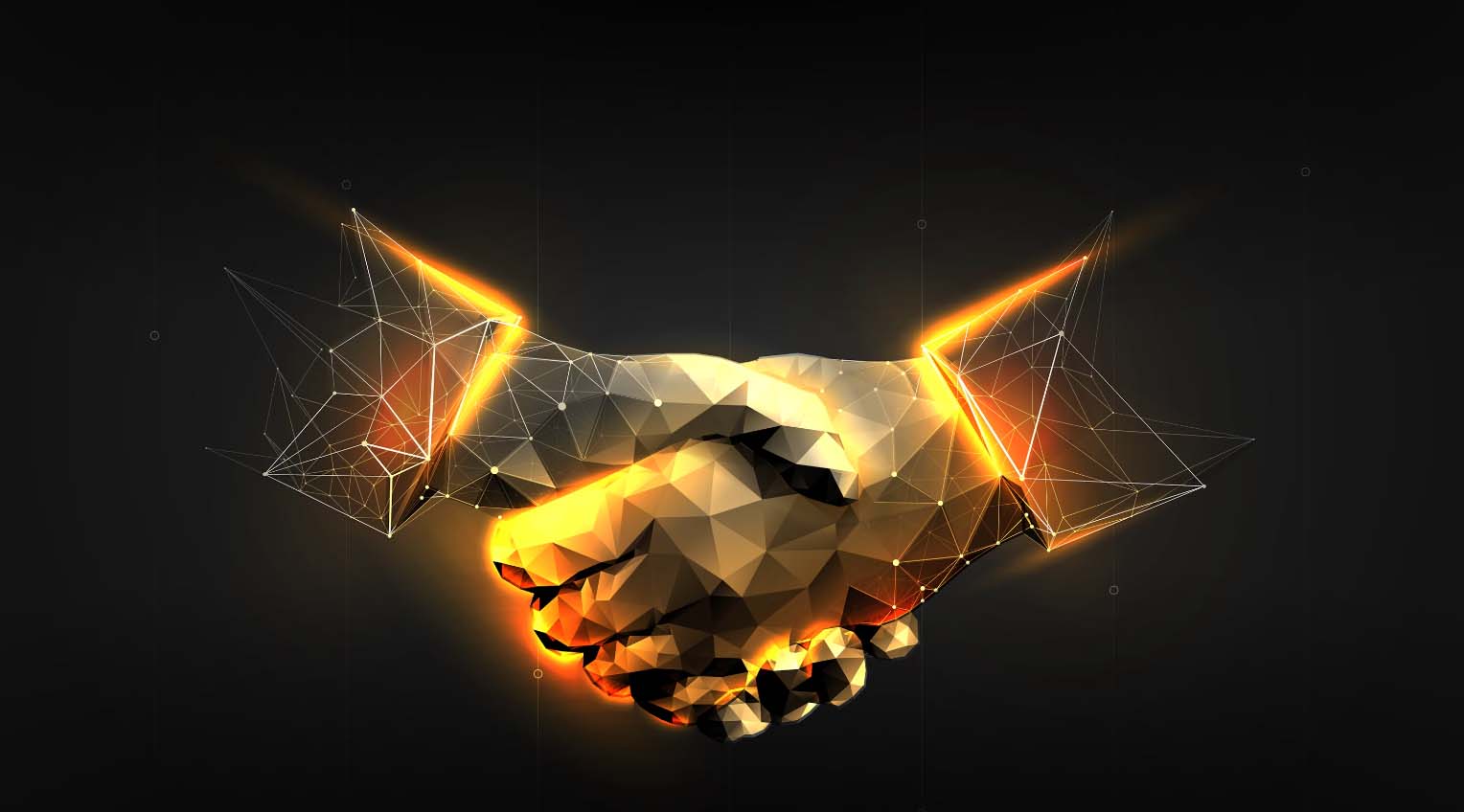 A handshake rendered as a glowing low-poly gold sculpture
