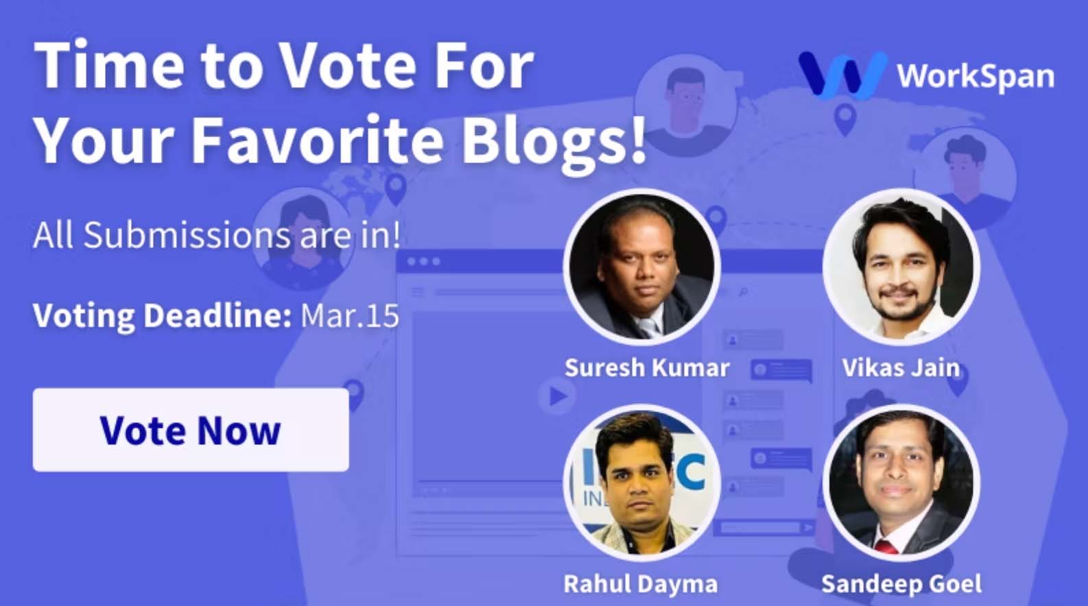 'Time to Vote For Your Favorite Blogs' banner with Suresh Kumar, Vikas Jain, Rahul Dayma and Sandeep Goel