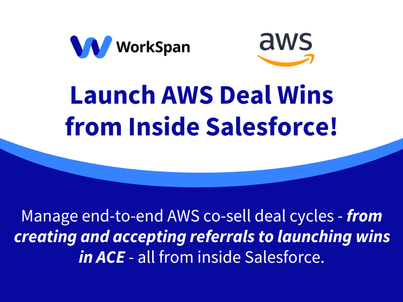 WorkSpan and AWS card: "Launch AWS Deal Wins from Inside Salesforce", covering referrals through to launching wins in ACE