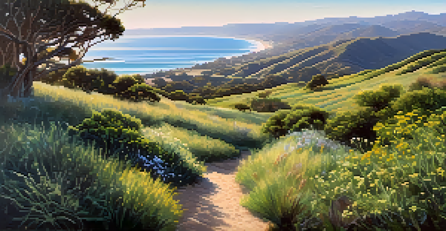 A picturesque view of Santa Barbara's landscape, showcasing green hills, a blue sky, and the ocean, with native plants and wildflowers in the foreground.