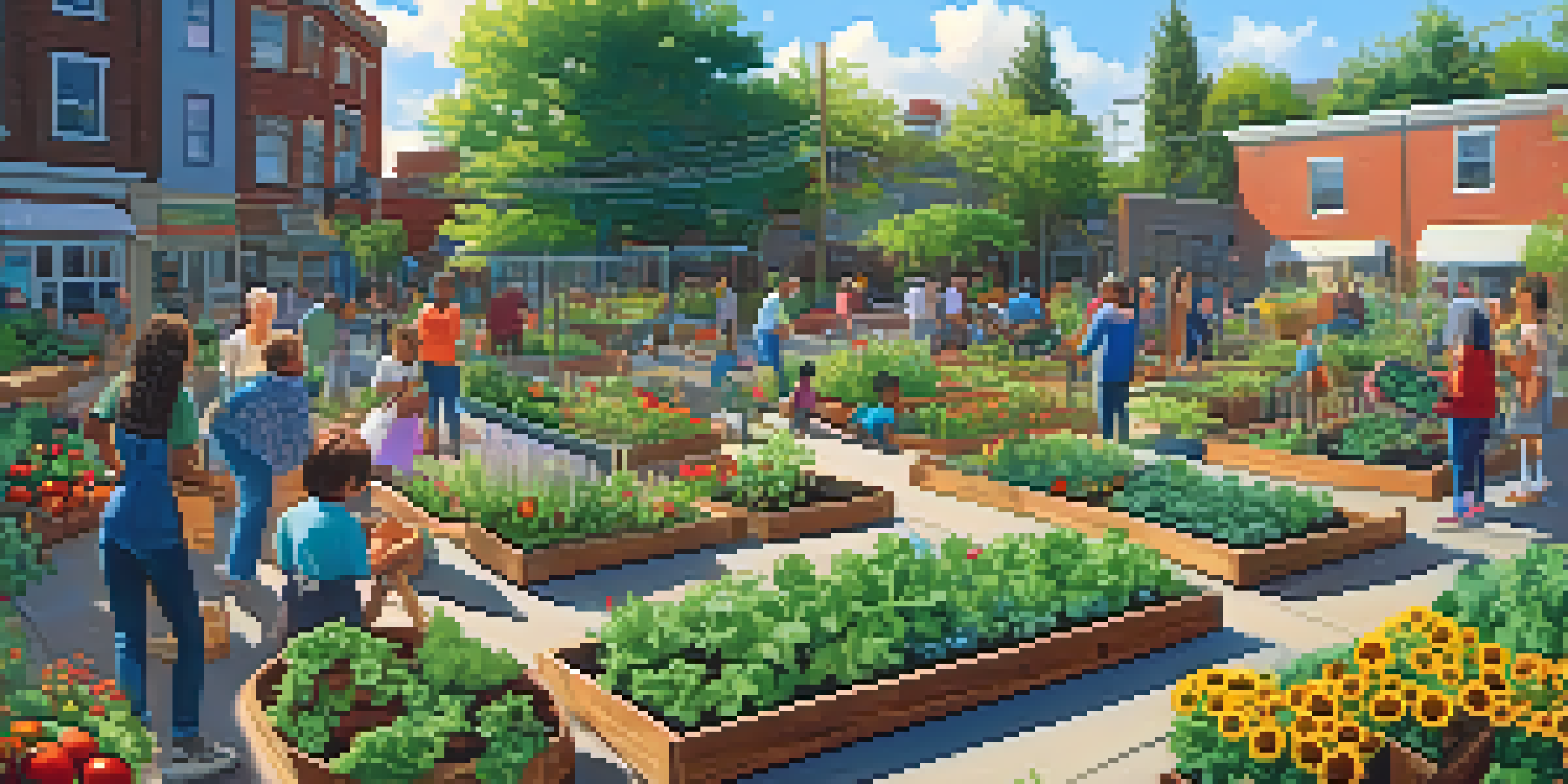 A lively community garden with people of different ages planting together among colorful flowers and vegetables under sunlight.