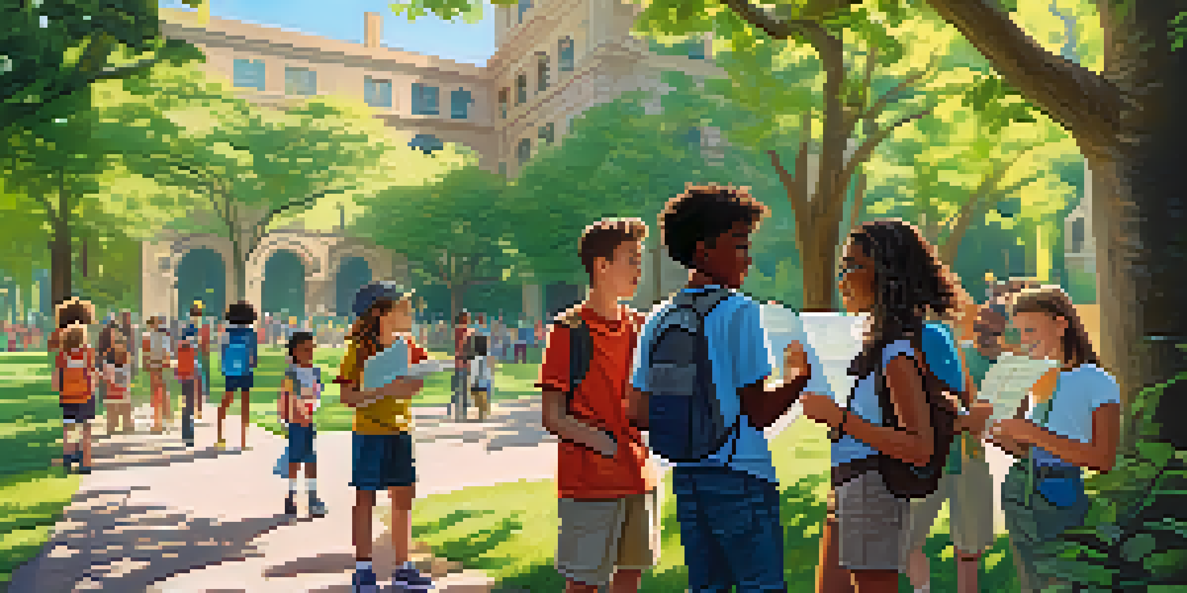 A lively group of young people engaged in a historical scavenger hunt, surrounded by trees and historical sites in a sunny park.