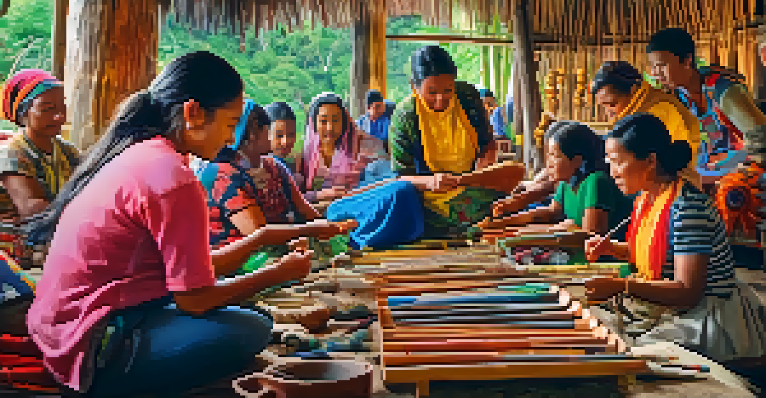 Travelers engaging in a traditional craft workshop with local artisans, surrounded by colorful handmade items.