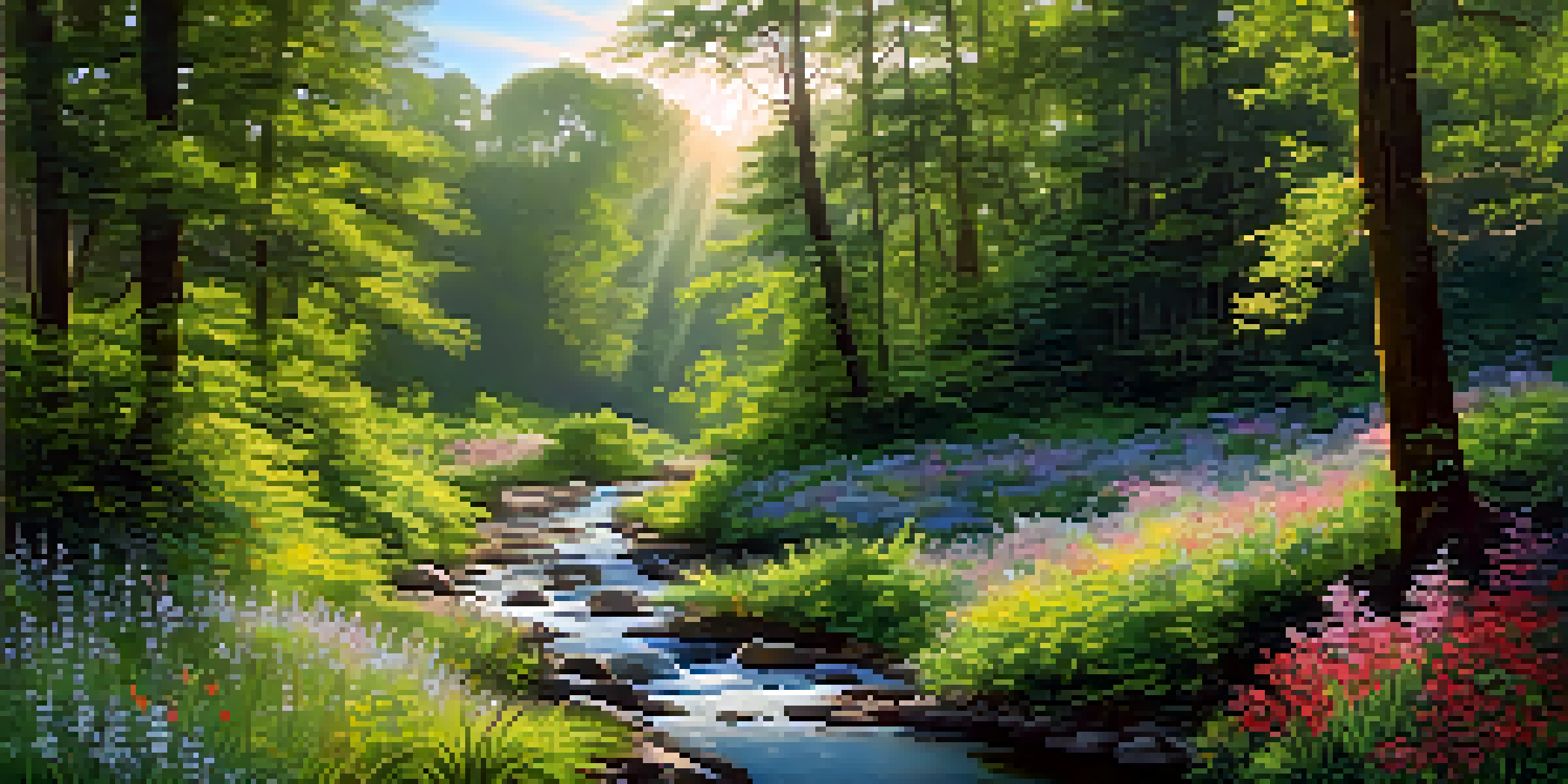 A peaceful forest trail with tall trees, colorful wildflowers, and a stream, illuminated by soft sunlight.