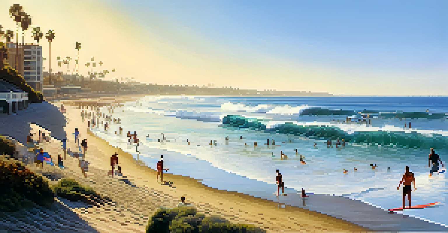 A lively day at Leadbetter Beach with surfers of various skill levels enjoying the waves.