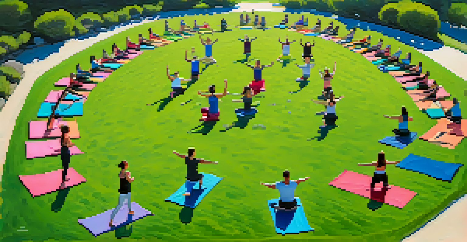 Aerial view of a diverse group practicing yoga in a park in Santa Barbara, with colorful mats on the grass and mountains in the background.