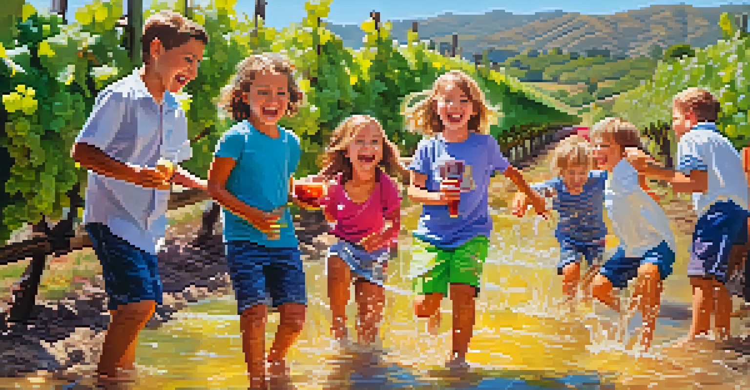 Children stomping grapes at a winery, with joyful smiles and splashing juice.