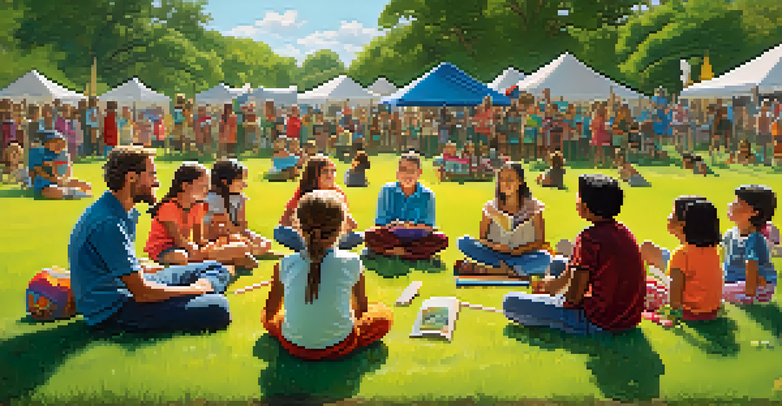Children sitting on the grass, listening to a storyteller at an art festival with colorful decorations.