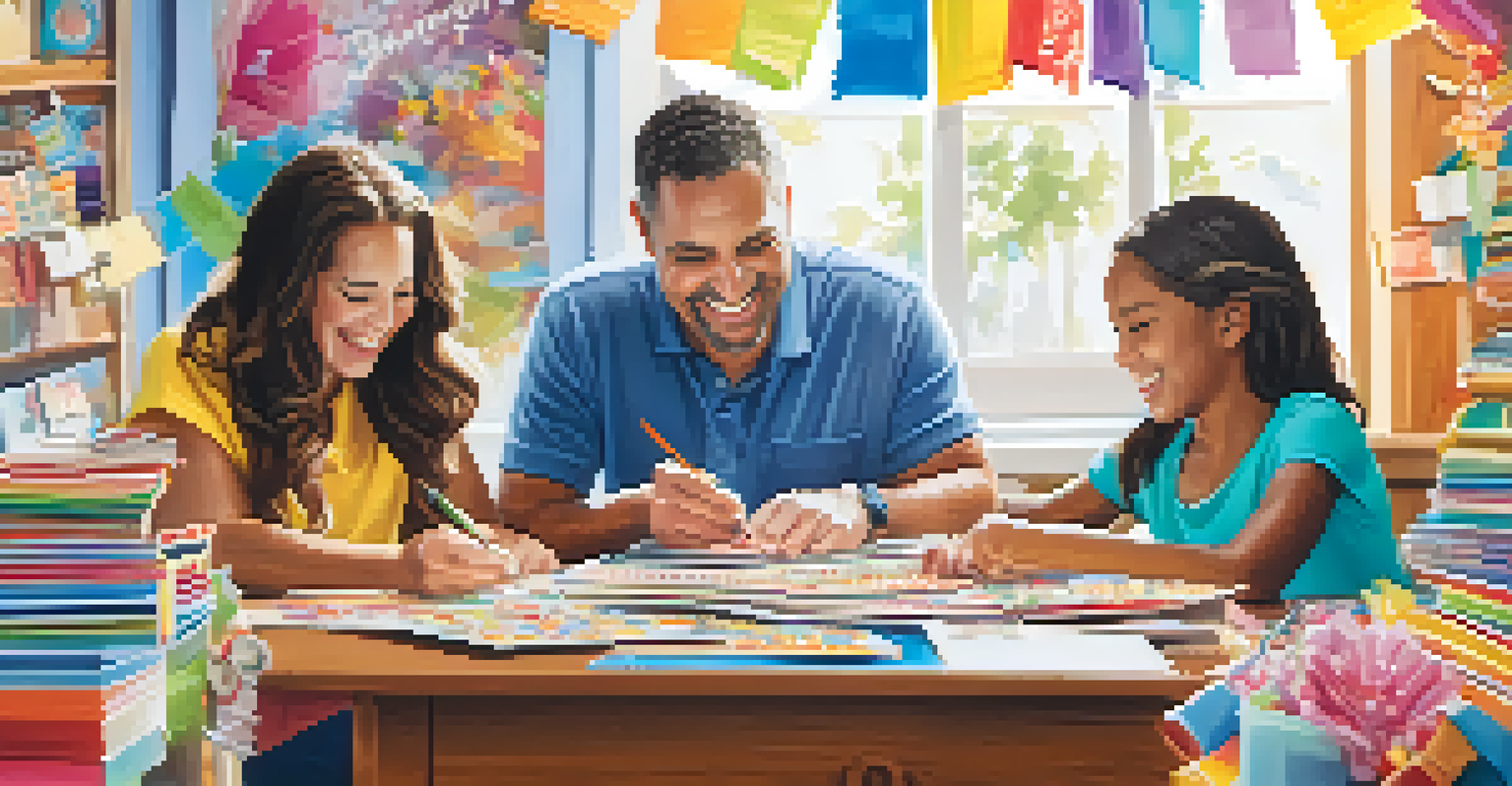 A family happily scrapbooking together, surrounded by colorful materials and photos.