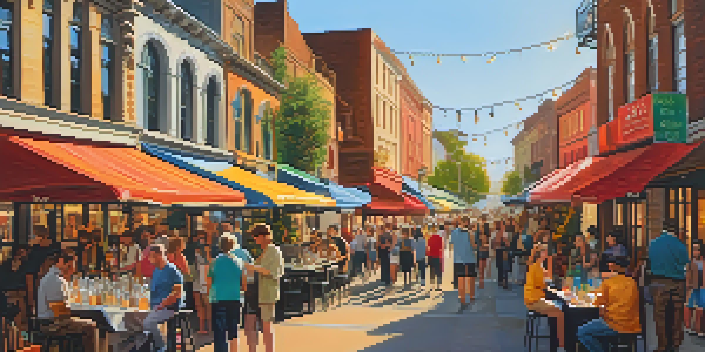 A lively street filled with people enjoying an art walk, surrounded by colorful artworks and outdoor cafes during sunset.