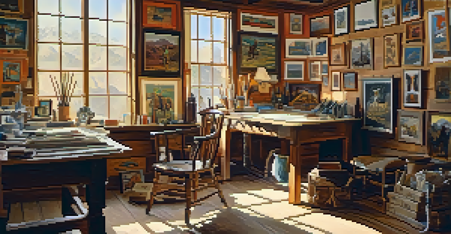 An artist's studio filled with paintings and etchings of cowboys and Native Americans, illuminated by natural light from a large window.
