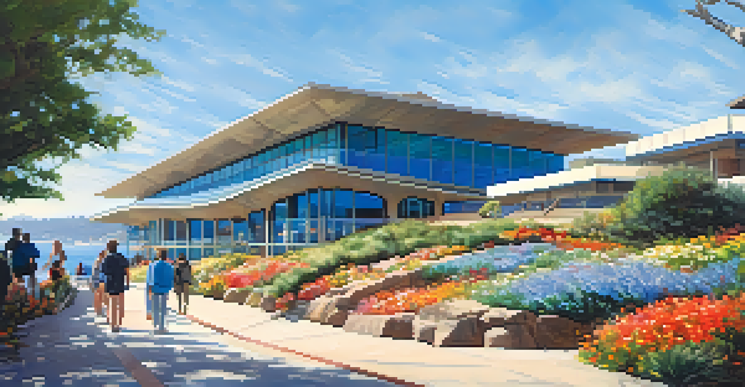 Exterior view of the Monterey Bay Aquarium with modern architecture and visitors strolling along the waterfront under a clear blue sky.