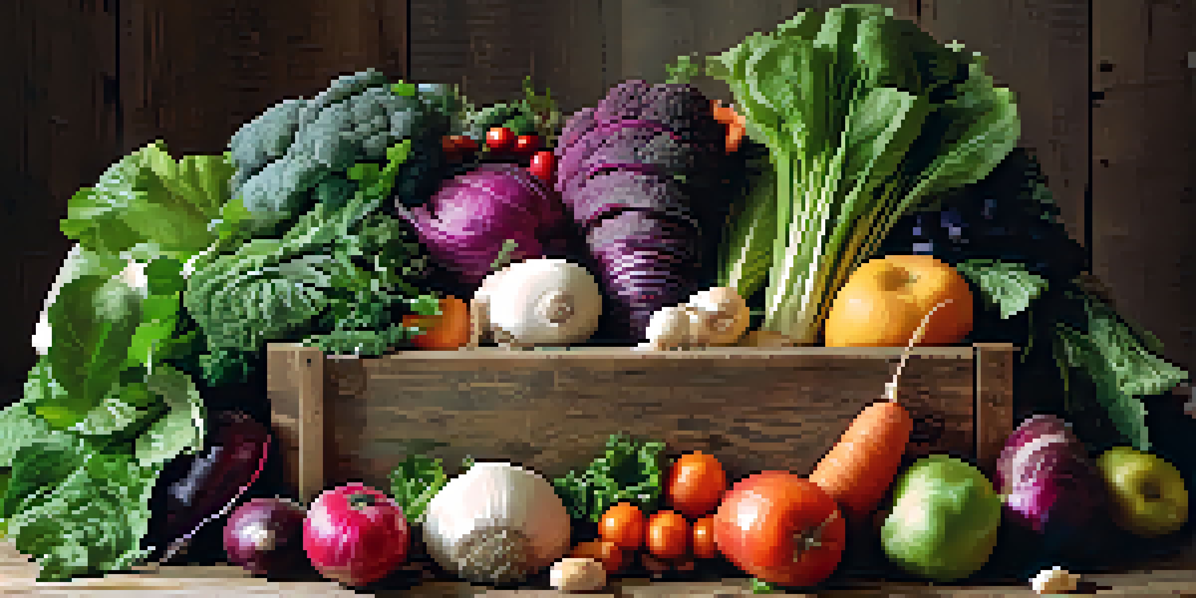 A colorful CSA box filled with fresh vegetables and fruits displayed on a wooden table in a garden.