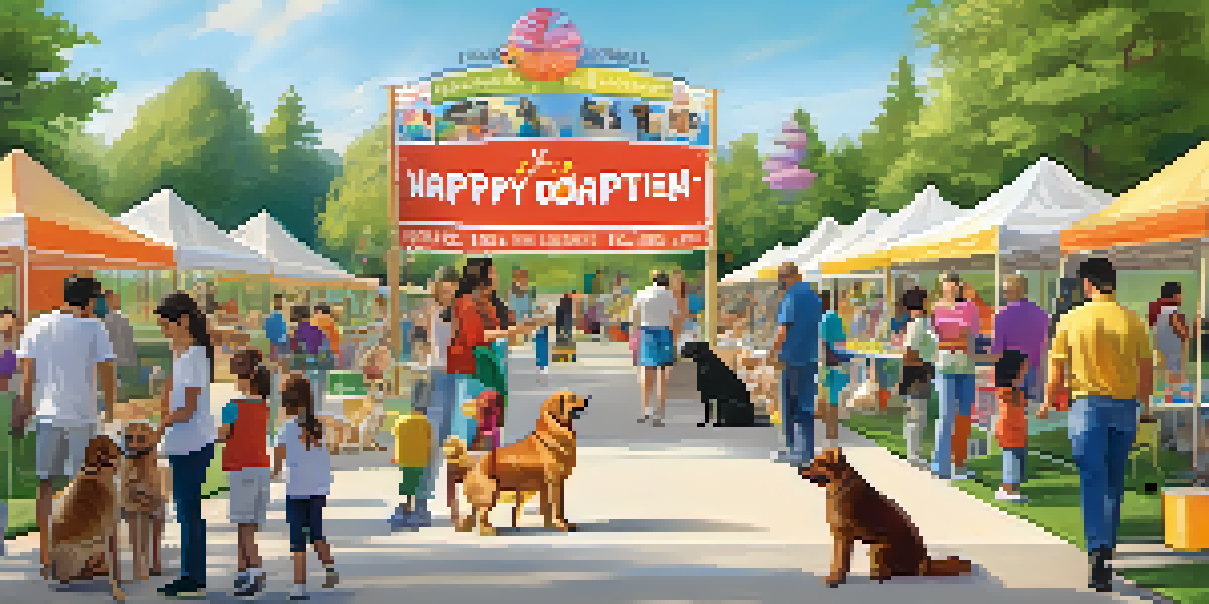 A lively outdoor pet adoption event in a park, with families interacting with pets and colorful decorations.