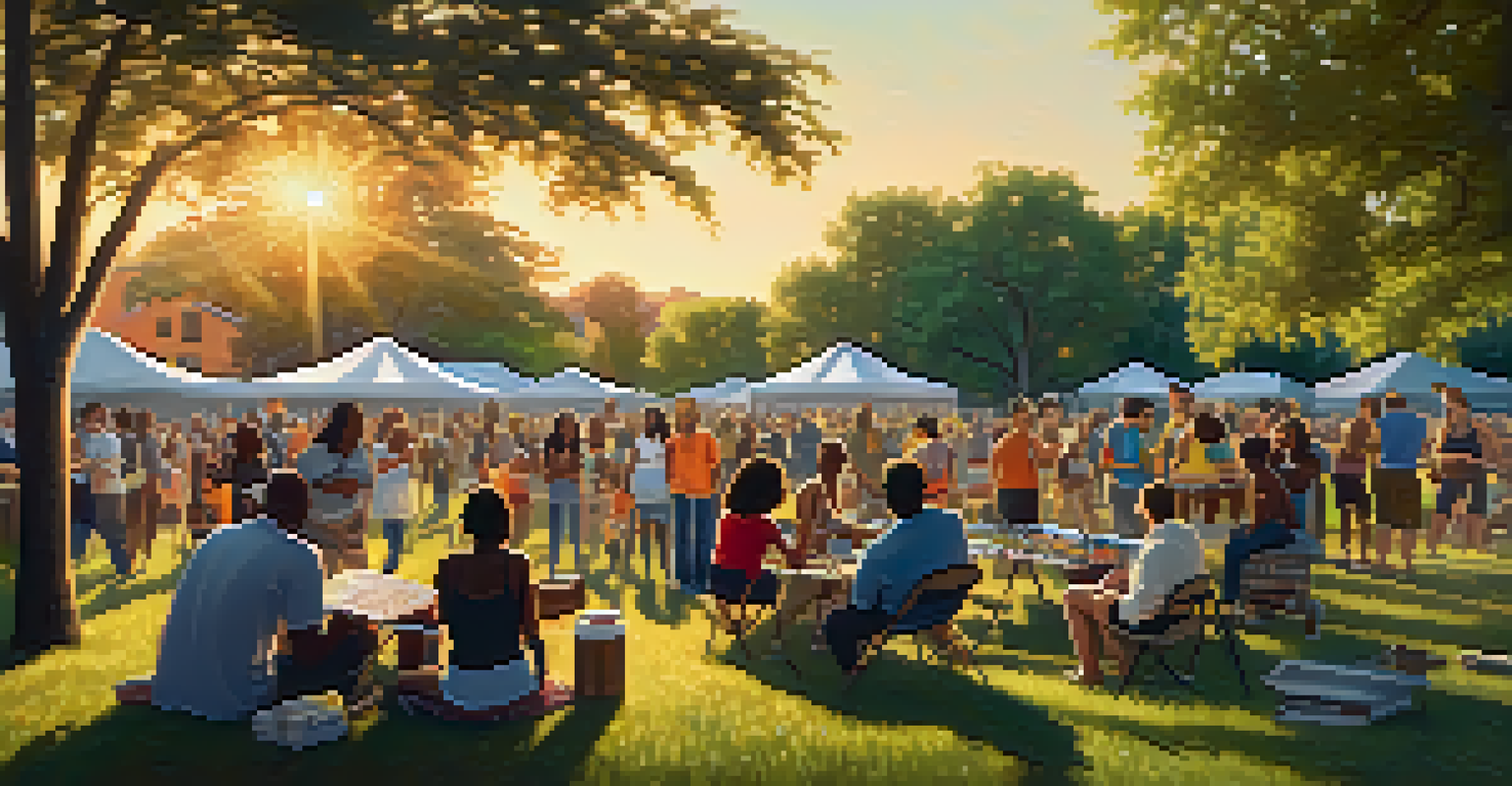 A group of diverse community members collaboratively painting on a large canvas in a park, with trees and a sunset in the background.