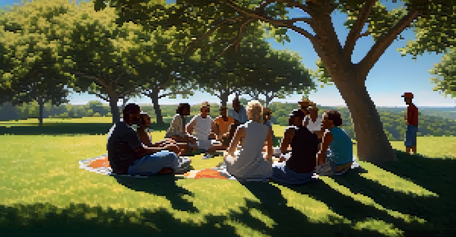 A diverse group of people sharing stories in a circle on a grassy hill under a blue sky, with sunlight filtering through trees.