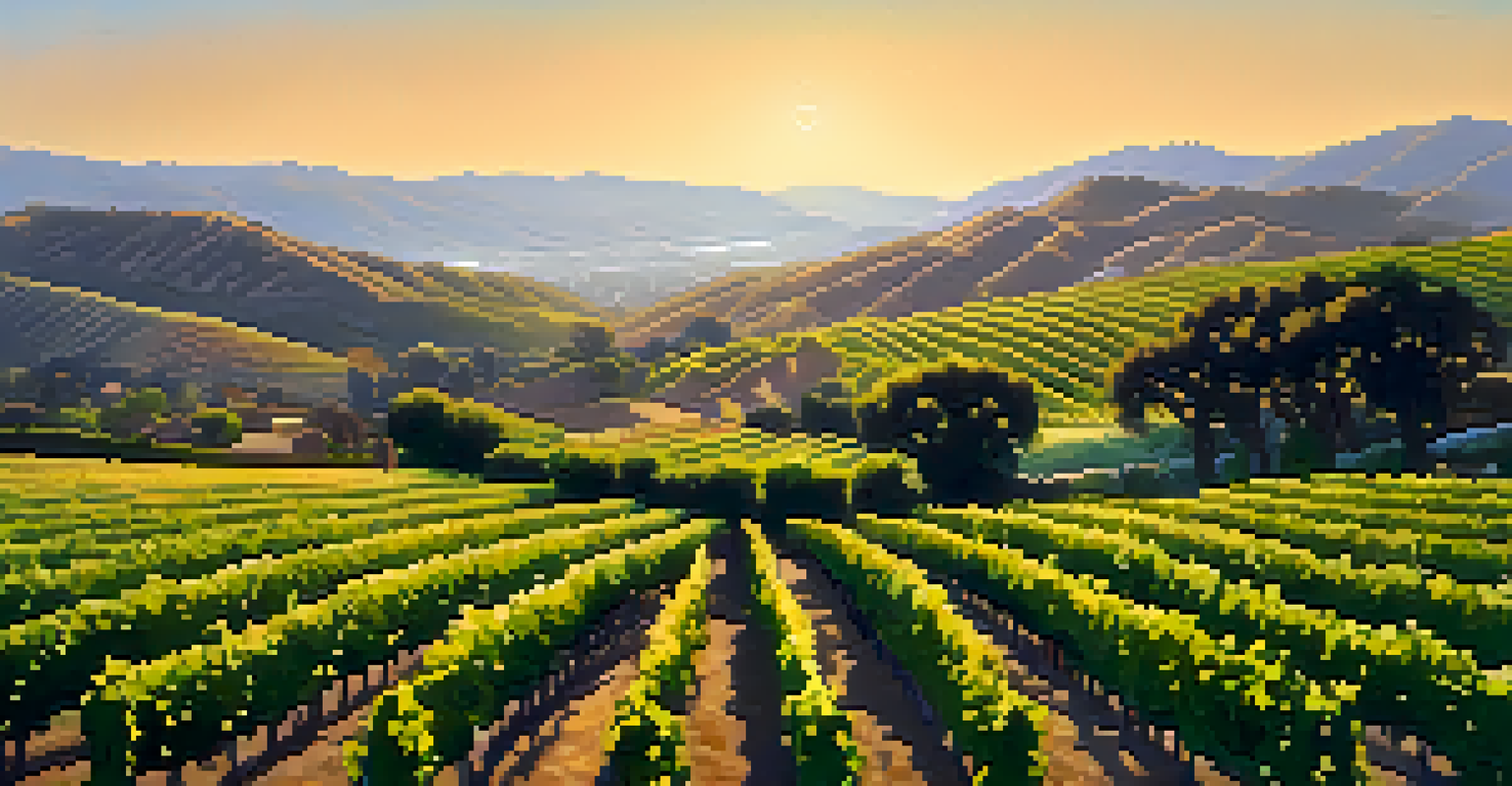 A peaceful vineyard at golden hour with rows of grapevines and hills in the background.