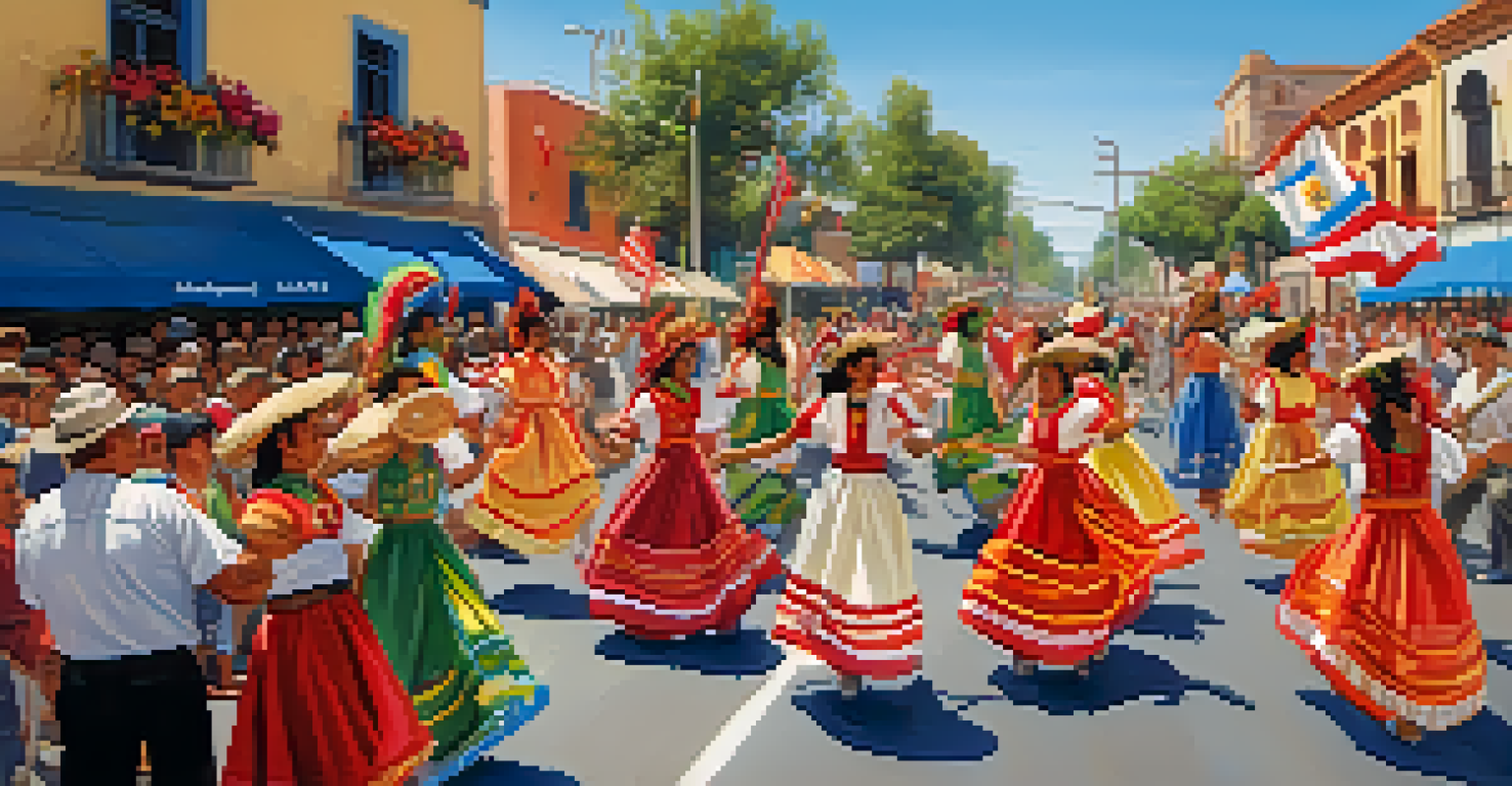 A colorful parade during the Old Spanish Days Fiesta in Santa Barbara with floats, dancers, and musicians.