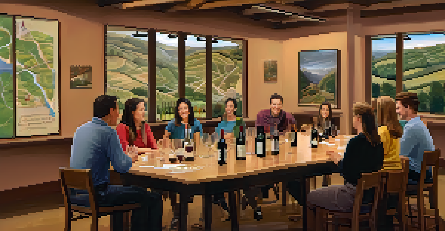 An instructor teaching wine tasting techniques to participants in a cozy classroom.