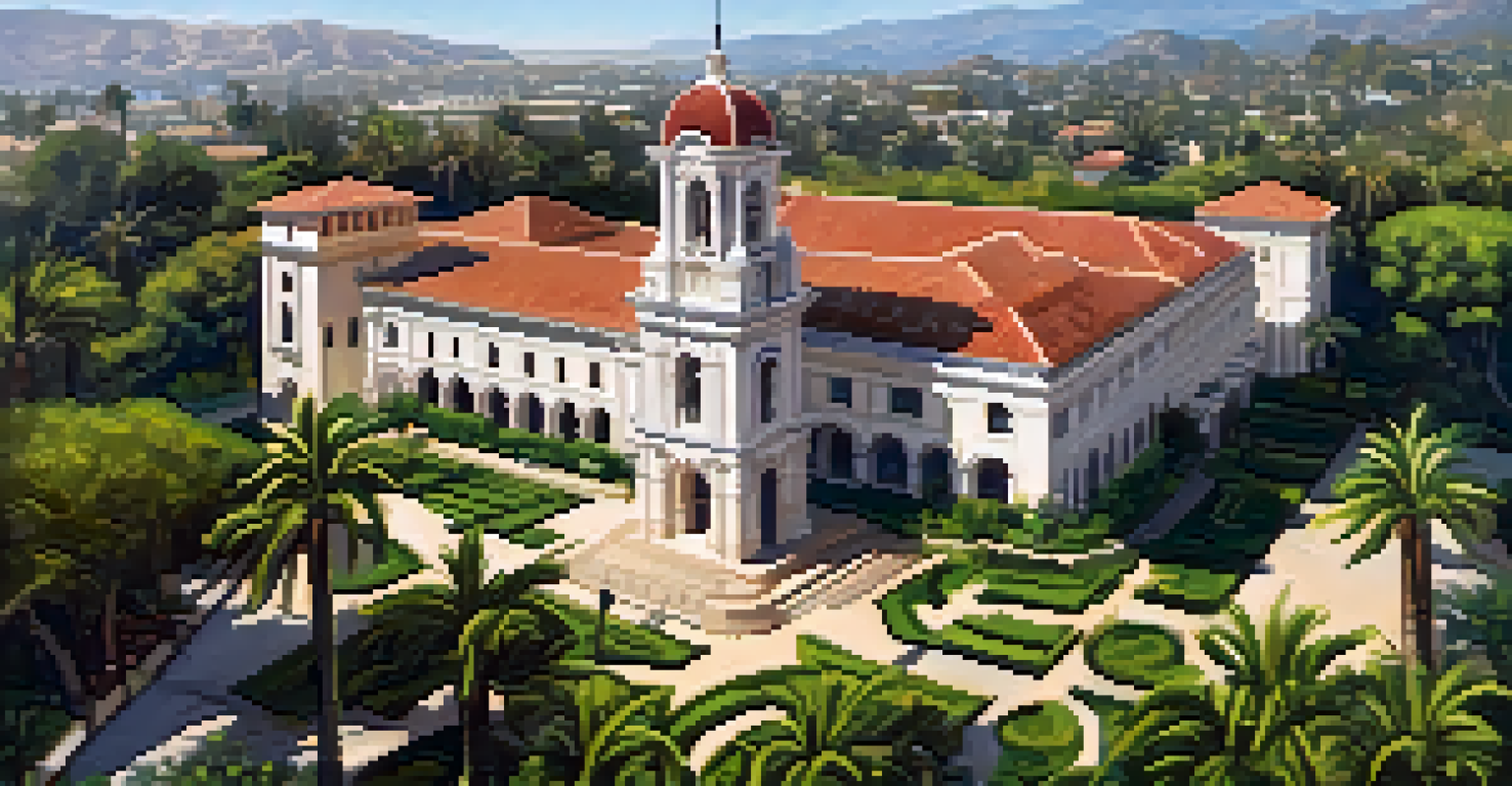 Aerial view of Santa Barbara County Courthouse with its colorful tiles and gardens, showcasing its architectural beauty.